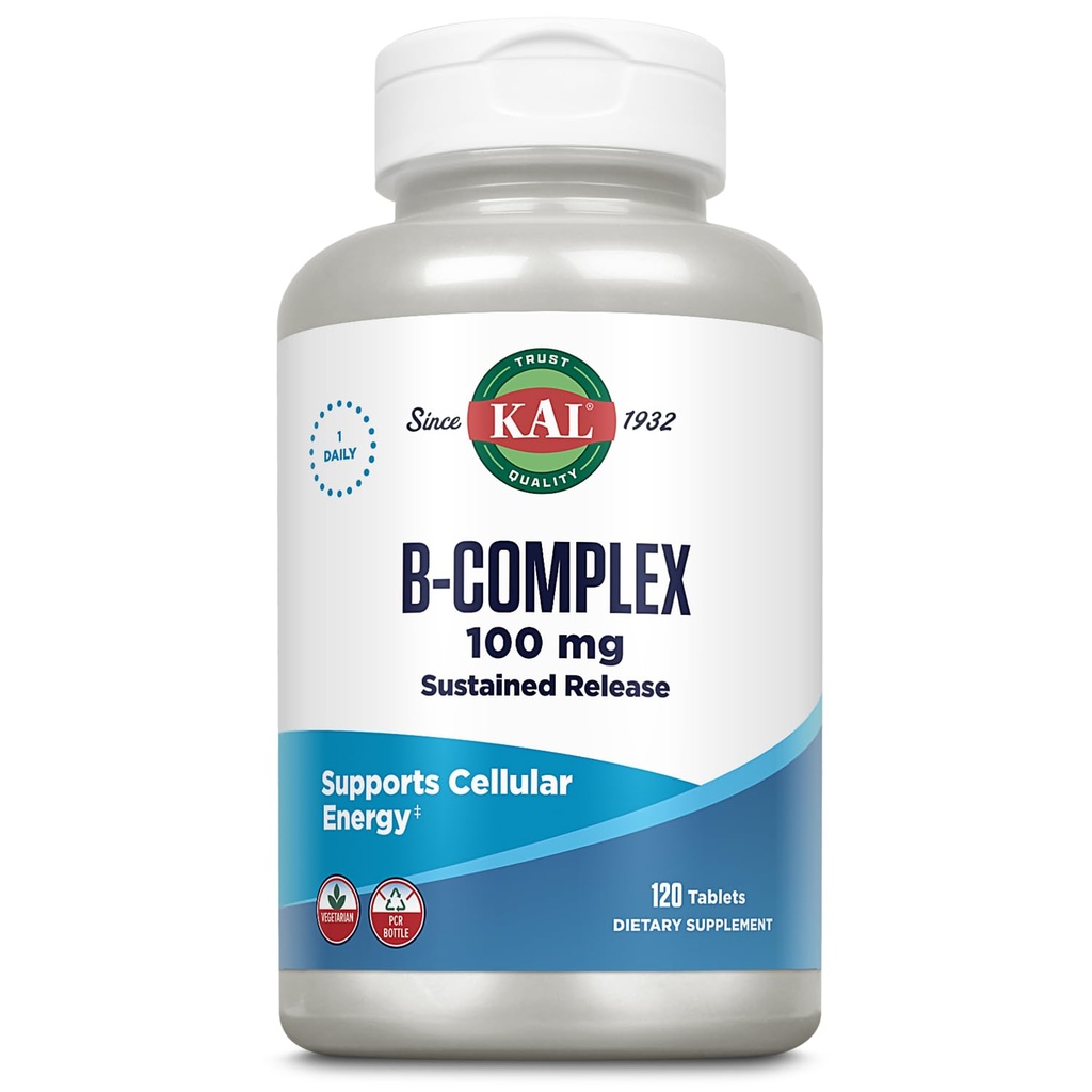 Complesso KAL B-100 - Complesso di vitamina B di rilascio prolungato - Supporto di energia sana con Base di supporto naturale e rivestimento di menta fresca - Vegetariano - Garanzia di 60 giorni - 120 Serve, 120 compresse