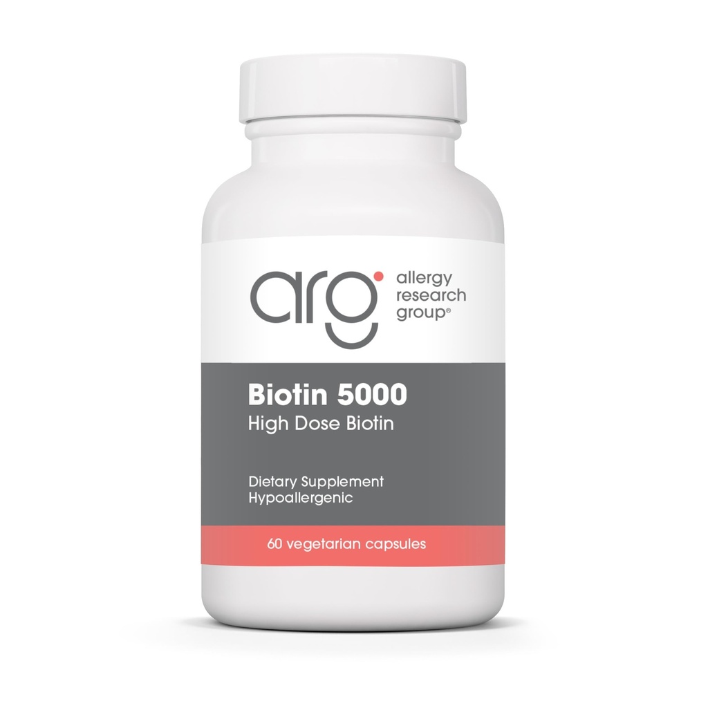 Gruppo di Ricerca Allergia Biotina 5000 Supplemento - 5000mcg Biotina, Vitamine per Capelli, Pelle e Unghie, Alta dose, Capsule Vegetariani, Ipoallergenico, Senza Glutine - 60 Conte