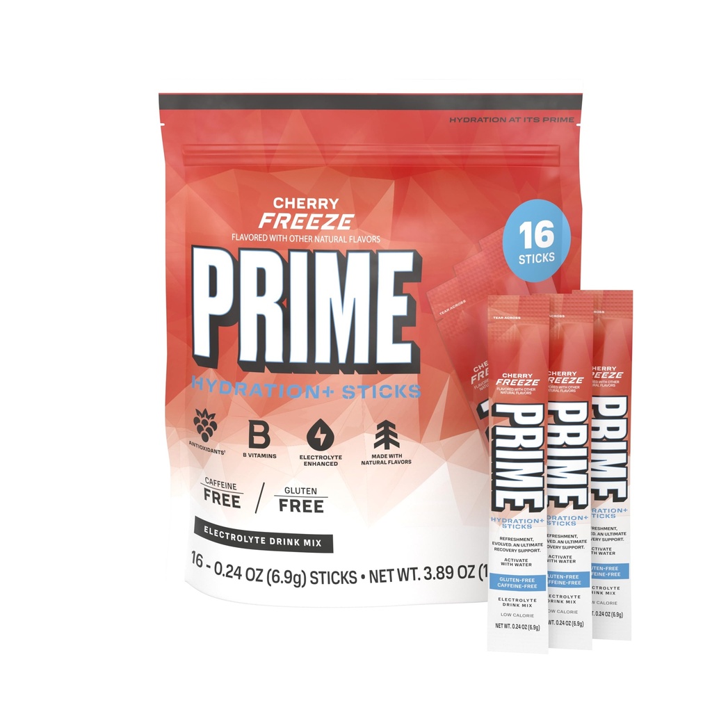 PRIME HYDRATION+ Sticks Cherry Freeze | Polvere di idratazione singoli Stick | Polvere di elettrolita sul Go | Basso zucchero | senza caffeina | Vegan | 16 Sticks