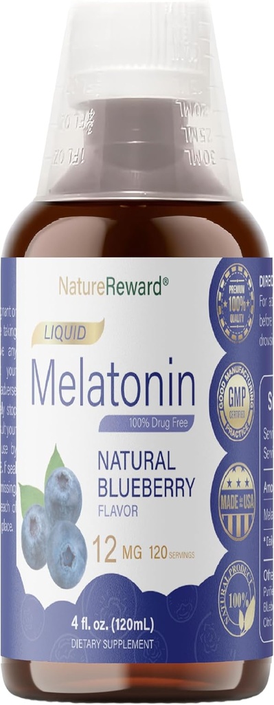 Melatonin 12mg | 4 fl oz Liquid |120 Servings | Blueberry Flavor | per adulti | Non OGM, Integratore Vegetariano