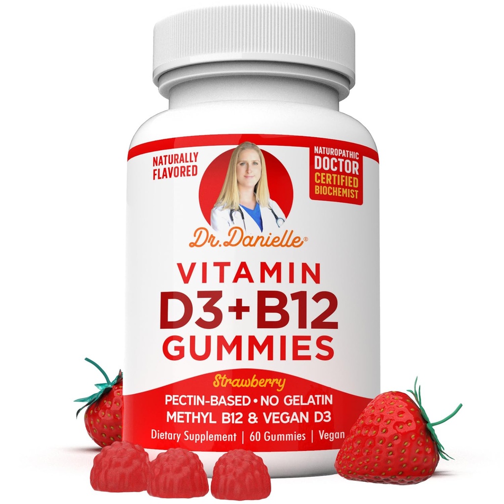 Vitamina D3, B12 Gummies di Dr. Danielle, Vegan Supplemento giornaliero per adulti e bambini, Non OGM, Vitamina D3 1000 IU & 250 mcg Vitamina B12, 2 Mesi di alimentazione (60 Gummies)