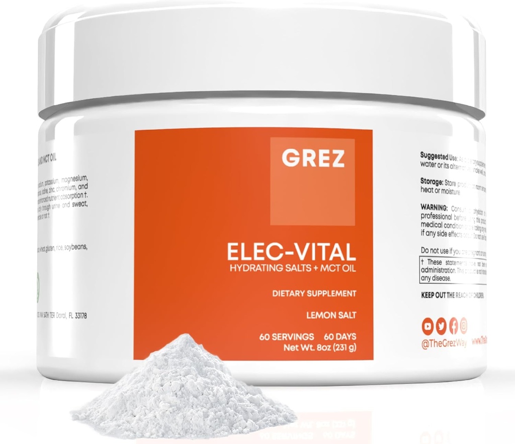 GREZ ELEC-Vital Electrolytes Powder No Sugar - Polvere di idratazione, Keto Electrolytes No Sugar - Supporto minerale completo, Sodio, Potassio, Magnesio, Zinco - 60 Serve