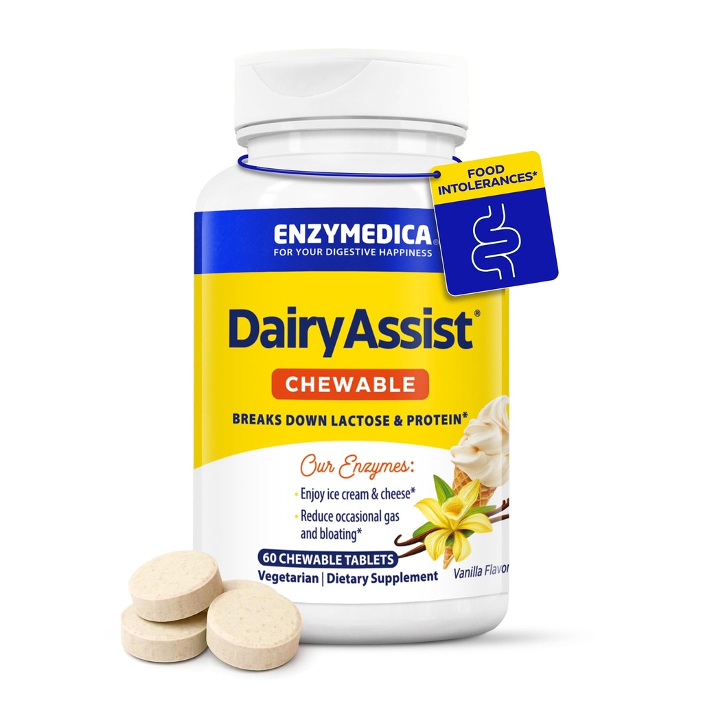 Enzymedica DairyAssist Chewable, 2-in-1 Enzimi digestivi per Dairy, Lattosio e Casein Digestione, Formula di azione rapida per gas e Bloating Relief, 60 Compresse Chewable