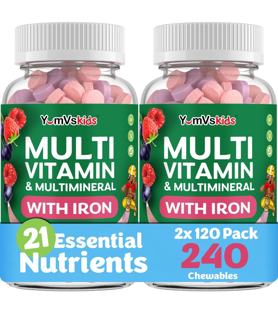 YUM-V'S Kids Multivitaminico con Ferro - Bambini Masticabile Multivitaminico - Vitamine + Supplemento Ferro - Vitamine del Toddler per 2 anni Old+, Kosher, Halal, Gluten Free 120 (Pack of 2