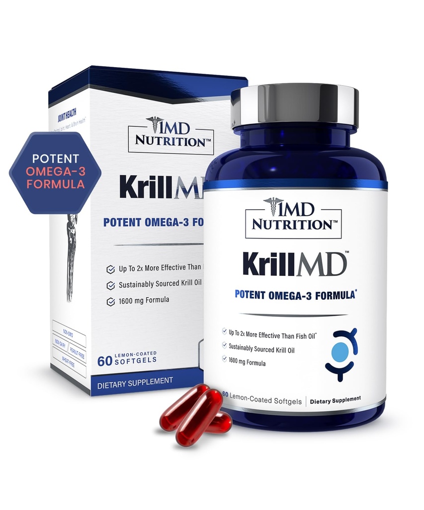 1MD Nutrition KrillMD - Antarctic Krill Oil Omega 3 Supplemento con Astaxanthin, EPA, DHA | 2X Più efficace di Fish Oil | 60 Softgels