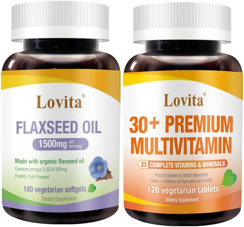 Olio di semi di lino a freddo Lovita & Premium Multivitamina per adulti 30+ Nutrienti Bundle (Vegetarian)