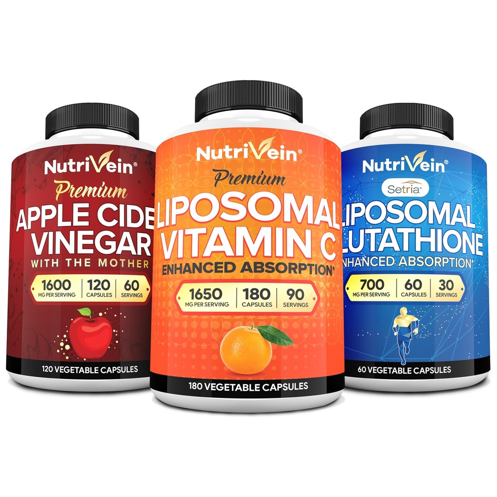 Glutathione Liposomal Premium Nutrivein, Capsule Aceto di Sidro di Mele, & Vitamina C Supplemento Bundle: Vitamina C, Capsule ACV, & Glutathione Supplement Bundle per Difesa Cellulare & Detox
