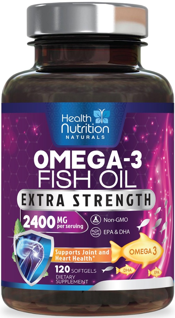 Omega 3 Fish Oil 2400 mg - Triple Strength Omega3, EPA & DHA Fatty Acids Supplemento - Supporto naturale per Immune, Cuore e salute del cervello - Caught selvaggio, Non OGM, Limone Flavor, Burpless - 120 Softgels