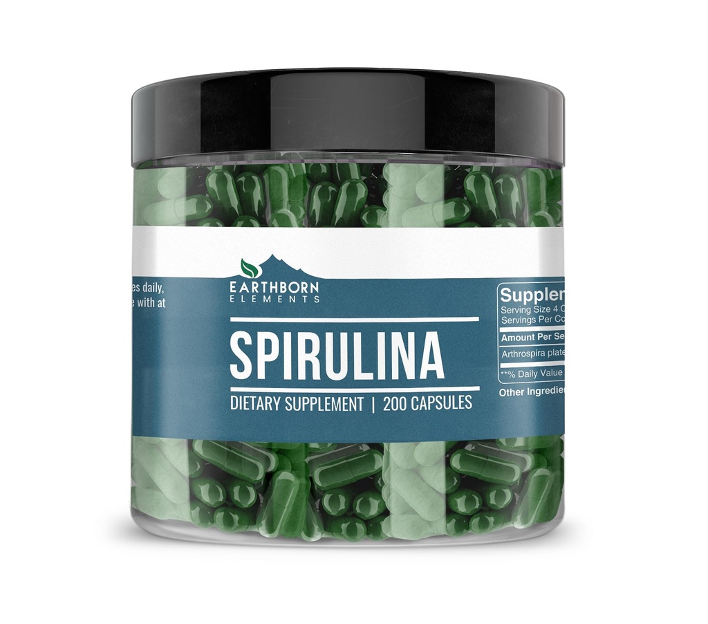 Elementi terrestri Spirulina 200 Capsule, Pure & Undiluted, Senza Additivi