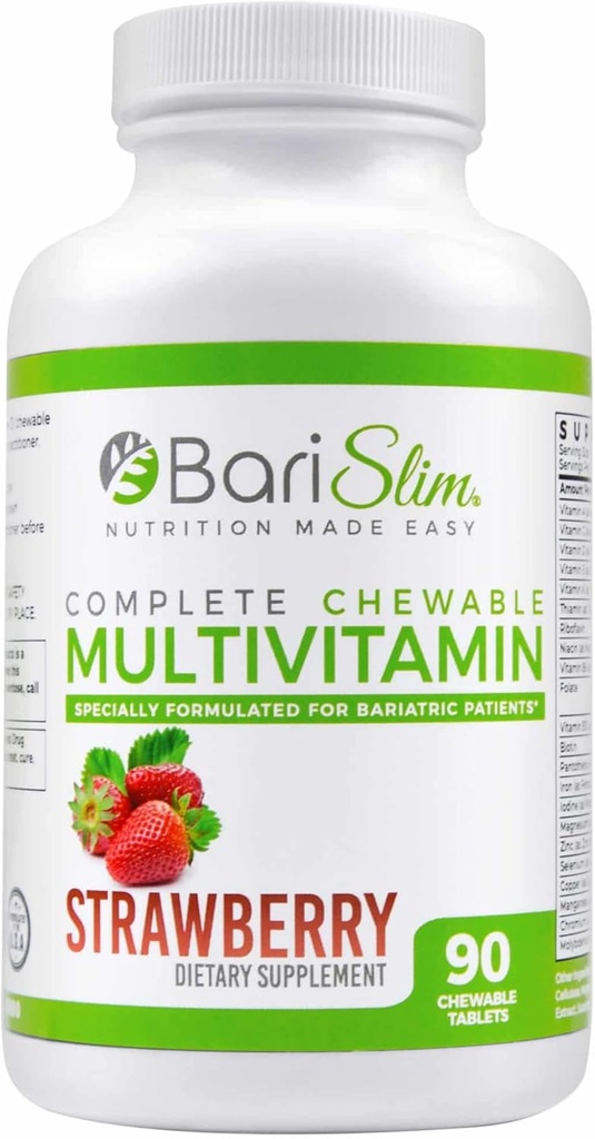 BariSlim Multivitaminico Bariatrico Masticabile completo con 45 mg Ferro - Bariatrico Multivitaminico per Chirurgia Post Bariatrica Compreso Gastric Bypass e Gastric Maniche - Fragola (90 Conte)