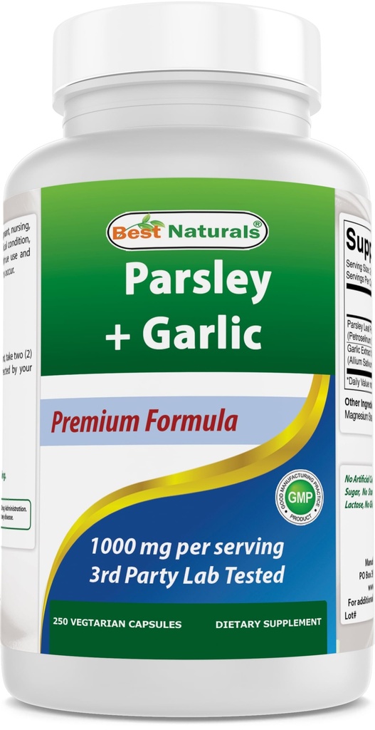 Best Naturals Parsley e Aglio 1000 mg per Serving 250 capsule vegetariane. Gluten Free e Non OGM.