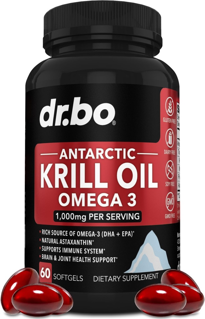 Olio di Krill Omega 3 500mg - Olio di Krill antartico 1000mg Softgels Capsule EPA, DHA, Astaxanthin, Phospholipids - Integratori di acidi grassi Omega 3, Integratori naturali puri per le donne e gli uomini - 60 Softgels