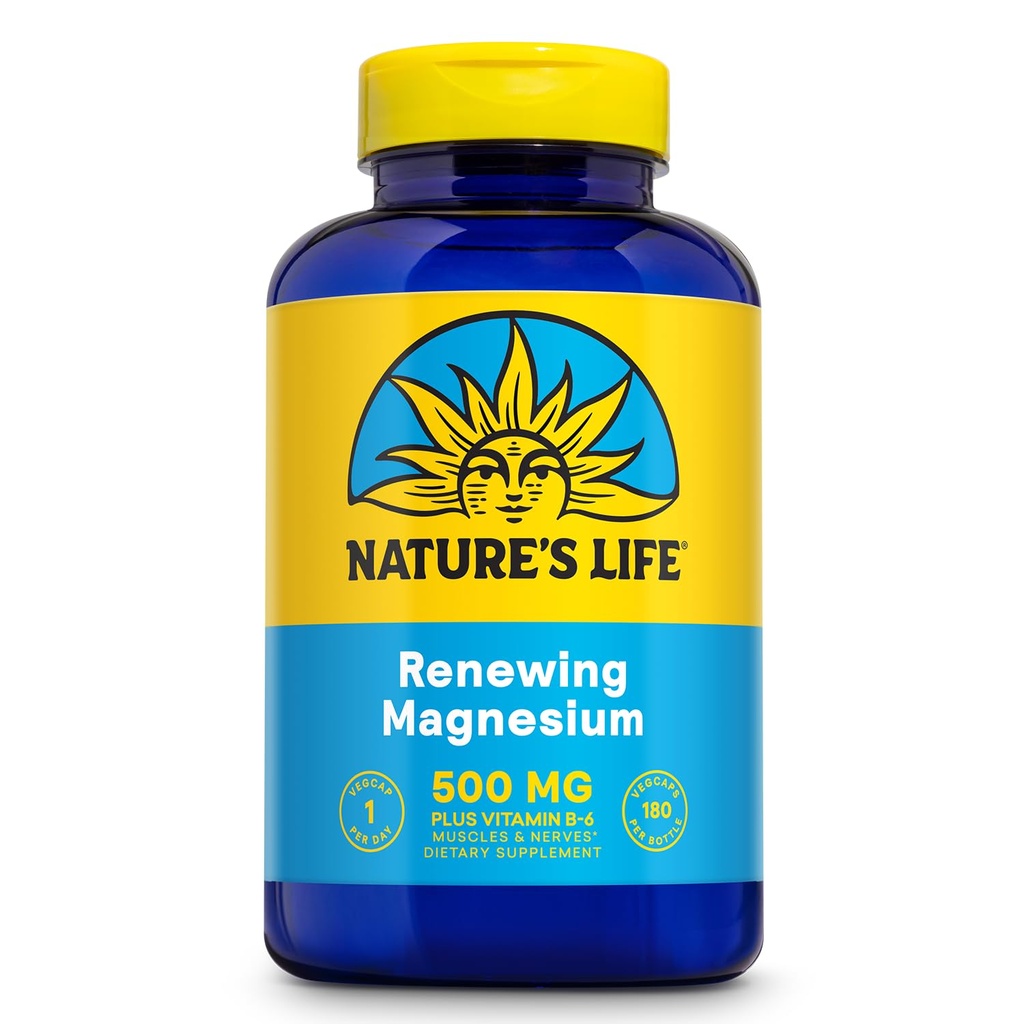 Natures Life Renewing Magnesium 500 mg - Plus Vitamina B-6 - Supporto Muscoli e Nervi - Lab verificato (180 Serve, 180 VegCaps)