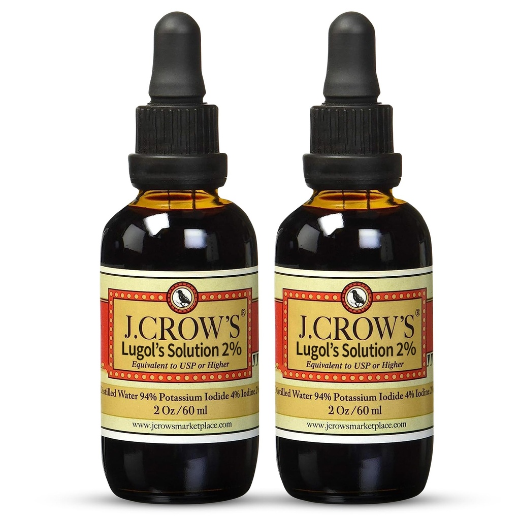 J.CROW'S® Lugol's Solution of Iodine 2% 2 oz (2 Bottiglia) – Premium Iodine & Potassium Iodide Liquid, Gluten &, Alcohol-Free Natural Brine Extract, No Expiration