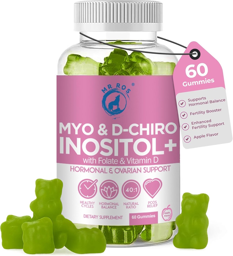 Inositol Gummies PCOS con Folate & Vitamina D - Mio & D-Chiro Inositol Blend, 40:1 Ratio, 60 Gummies di Sapore di Mela