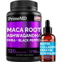 4-in-1 Liquid Biotin Collagen Keratin Saw Palmetto Gocce (2 fl oz - 1 confezione) & 6-in-1 Maca Root Ashwagandha w Black Pepper Fruit (120ct) Bundle - Hair, Skin, Nails, Energy & Mood Support Supplemento