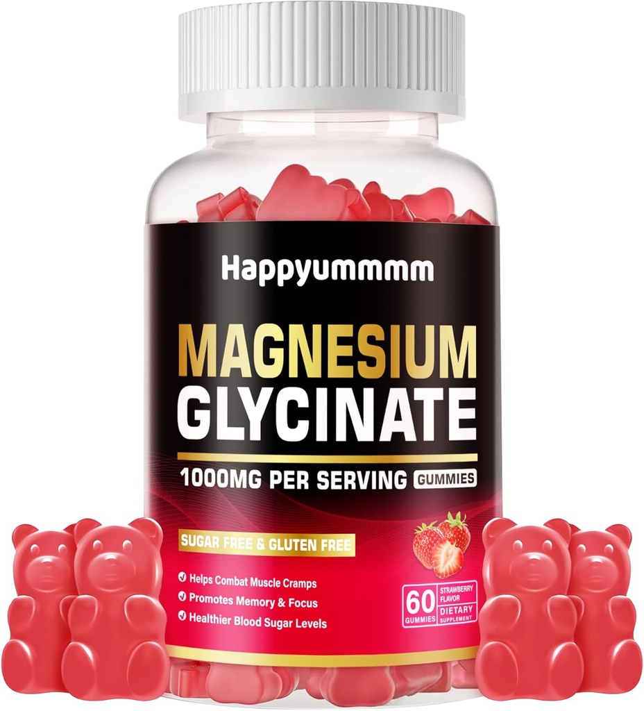 Magnesio Glycinate Gummies 1000mg - Zucchero Gratuito Magnesio Potassio Supplemento con Vitamina D, B6, CoQ10 per Calma Mood & Sleep Support - 60 Gummie di Fragola.