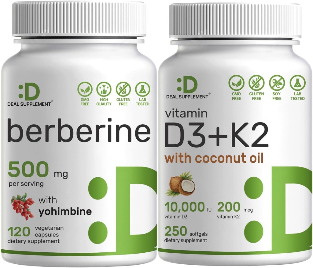 Vitamina D3 10.000iu + K2 200mcg Softgels & Berberine Supplemento con Yohimbine Bundle – Vitamine essenziali del sole con olio di cocco – Forma HCl cloridrato ad alto assorbimento