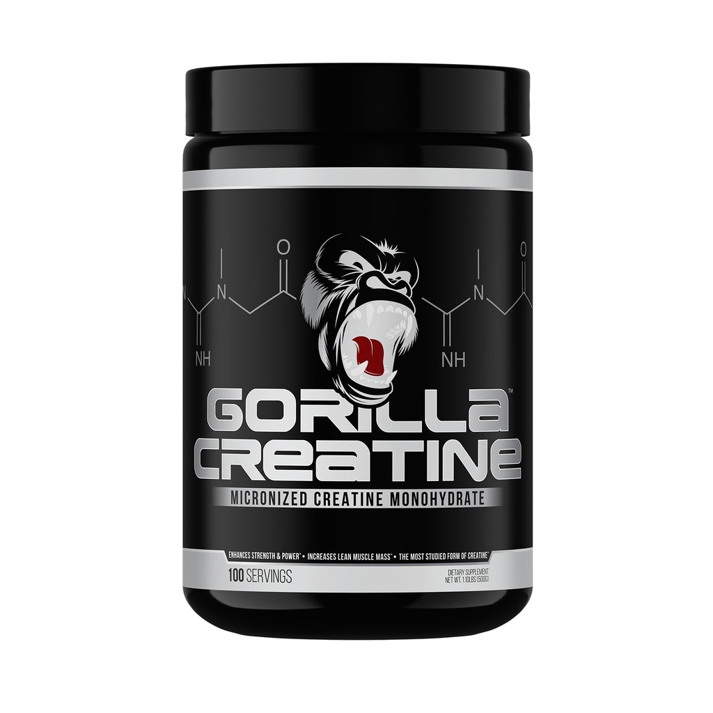 Gorilla Mind Creatina polvere micronizzata monoidrato, dimensione del muscolo migliorata, uscita di potenza e resistenza, 5 Grammi per porzione, 100 Serve
