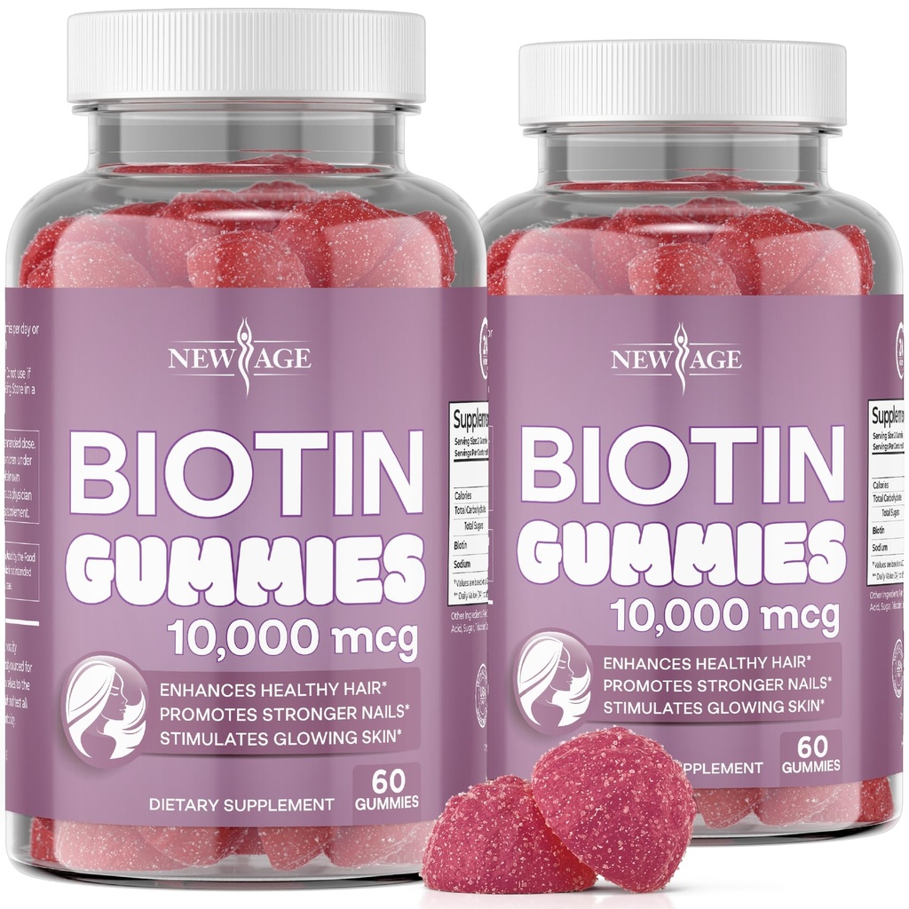 NUOVO AGE Biotin Gummies – Capelli, Pelle & Nails Gummies – 10.000 mcg - Supplemento Non OGM per Donne, Uomini - Made in USA - 120 Count