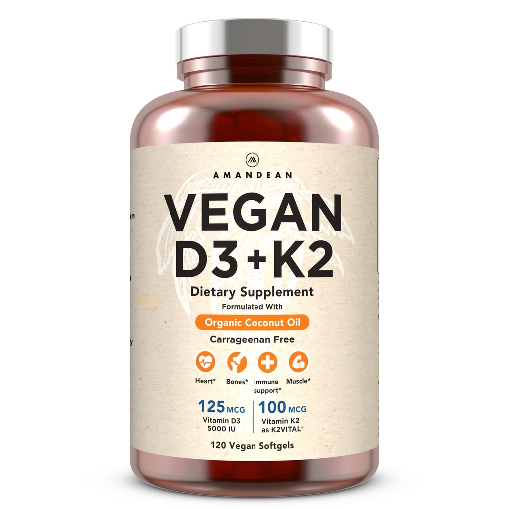 AMANDEAN Vegan Vitamina D3 K2. 5000 iu da Algae. All-Trans MK-7. 120 Softgels. Miscela di olio di cocco organico. per Mood, Bones, Cuore, Salute Immune (Packaging May Vary)