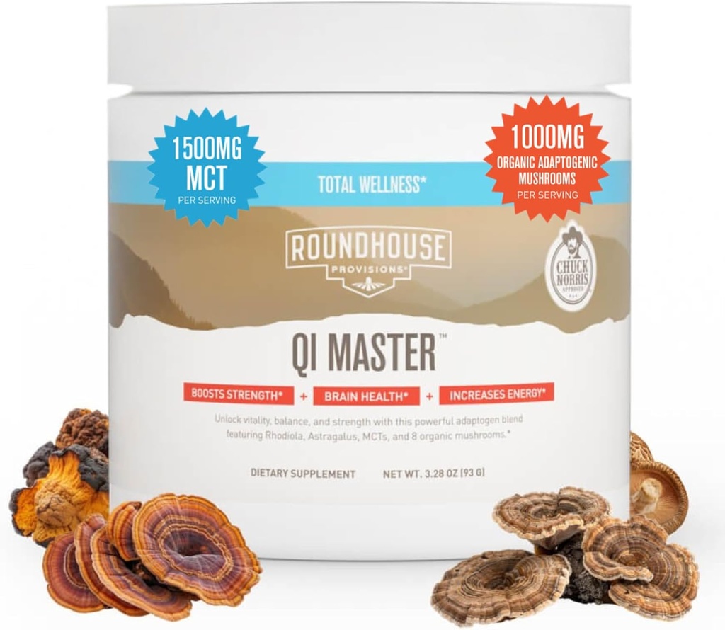 ROUNDHOUSE PROVISIONE Qi Master Adaptogen Blend, Earthy Mushroom Flavor con Astragalus Root, Rhodiolife Extract, MCT, 8 Funghi organici (30 Scoops) di Chuck Norris