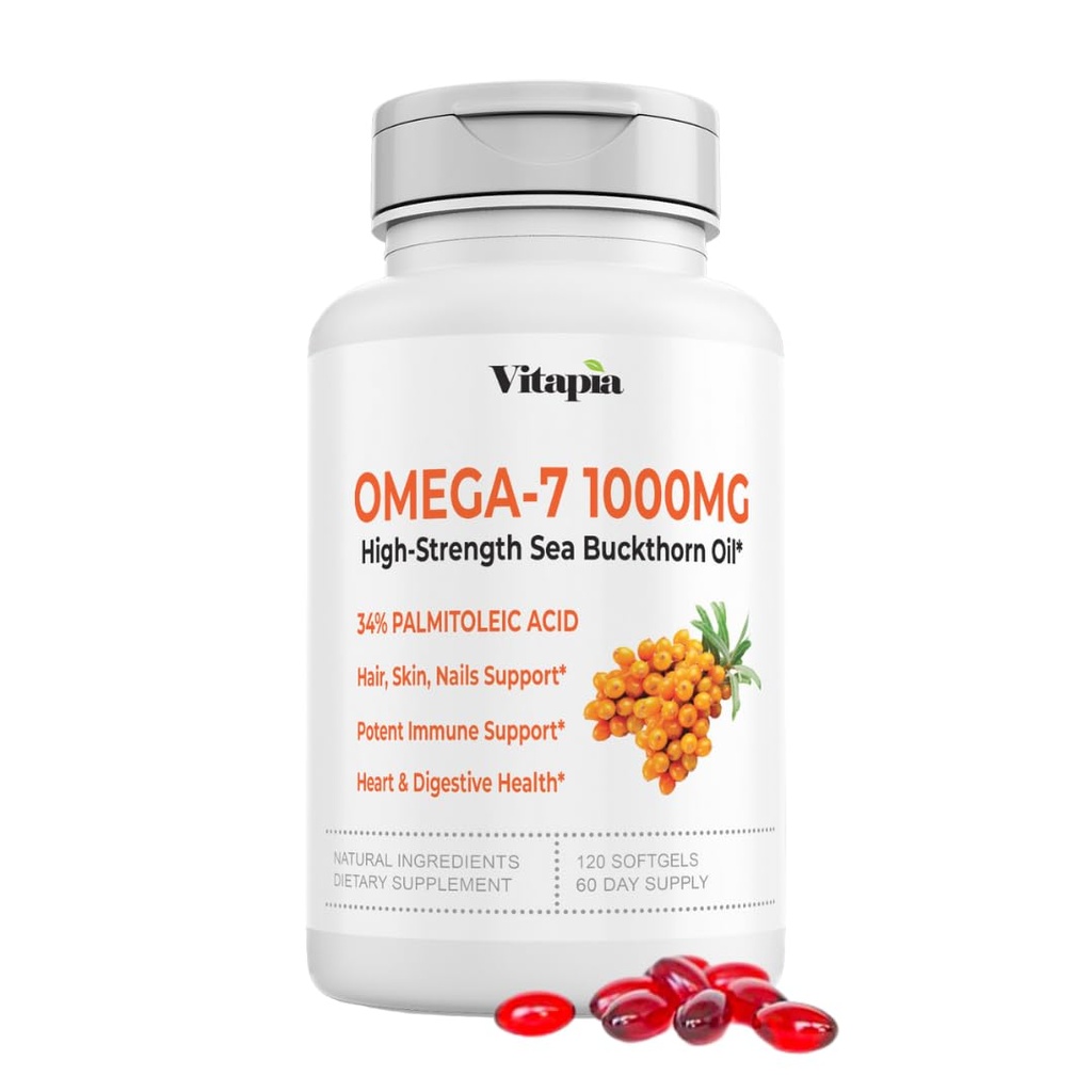 Vitapia Omega 7 Sea Buckthorn Berry Oil 1000mg per capelli, pelle, unghie, supporto di salute del cuore - 34% acido palmitoleico & naturale Omega 3 6 9 acidi grassi supplemento - 120 capsule, non OGM, senza glutine