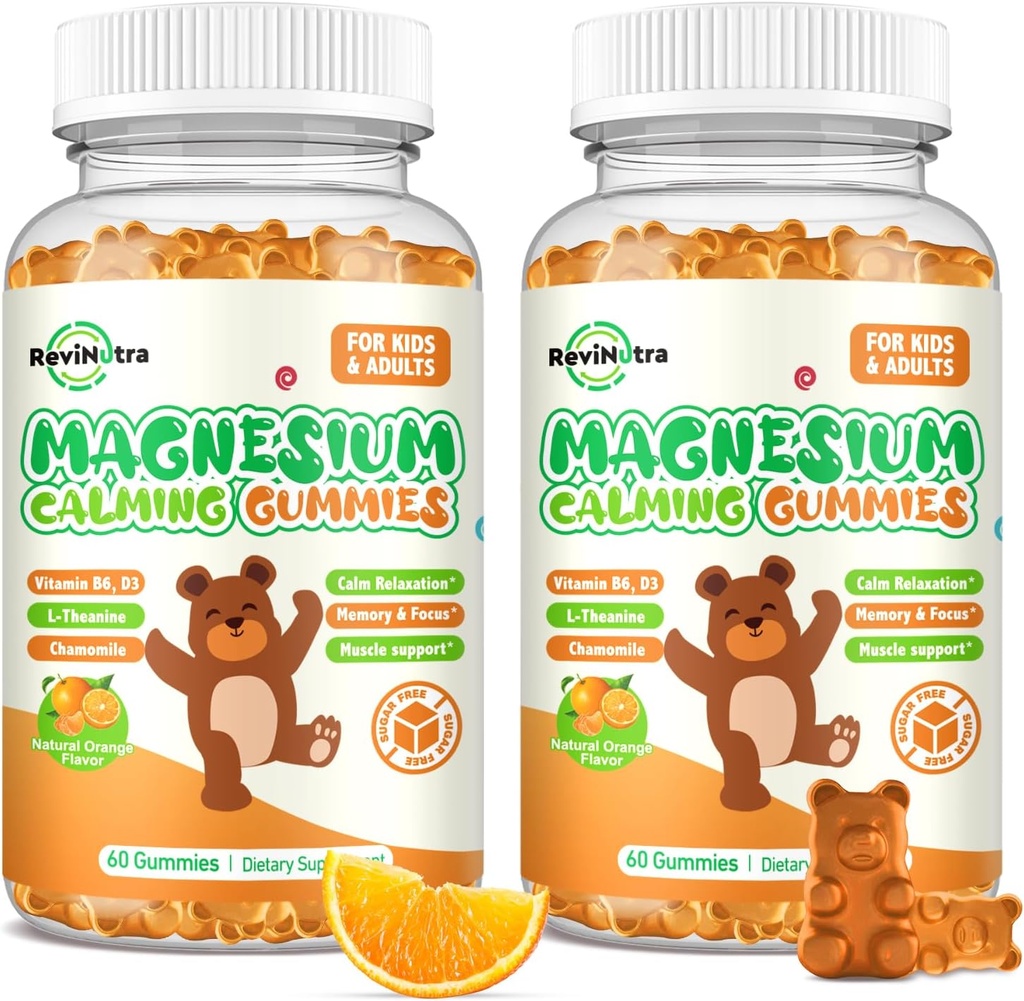 Magnesio Gummies per bambini - Magnesio Glycinate Gummies Supplemento con L-teanina, Vitamina B6, D3 per adulti e bambini, Magnesio calma per il sonno, Rilassamento, Cervello, Bones, Arancio senza zucchero 120ct