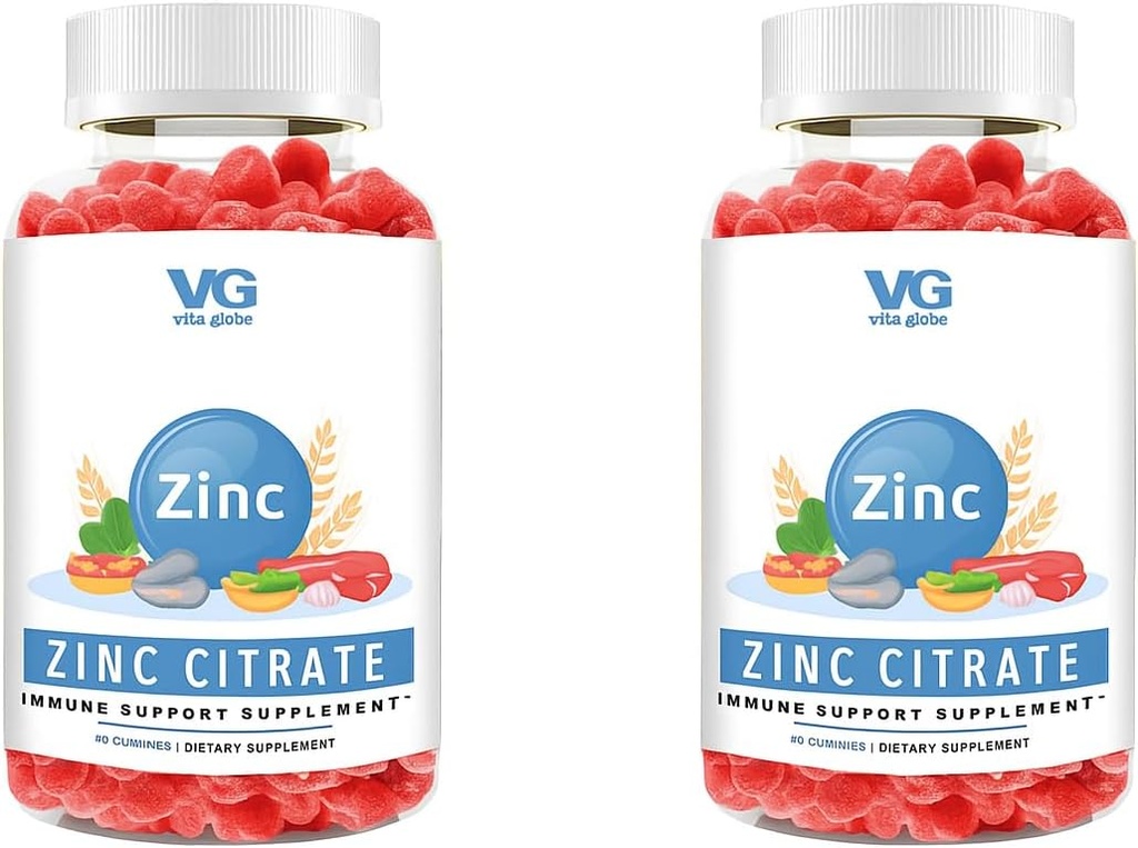 VITA GLOBE Zinc Citrate Gummies – 50mg Supplemento giornaliero di zinco | Sistema immunitario & Skin Health Support | Vegan, Non OGM Chewable Gummy Vitamins for Adults & Kids – 96 Count (Pack of 2)