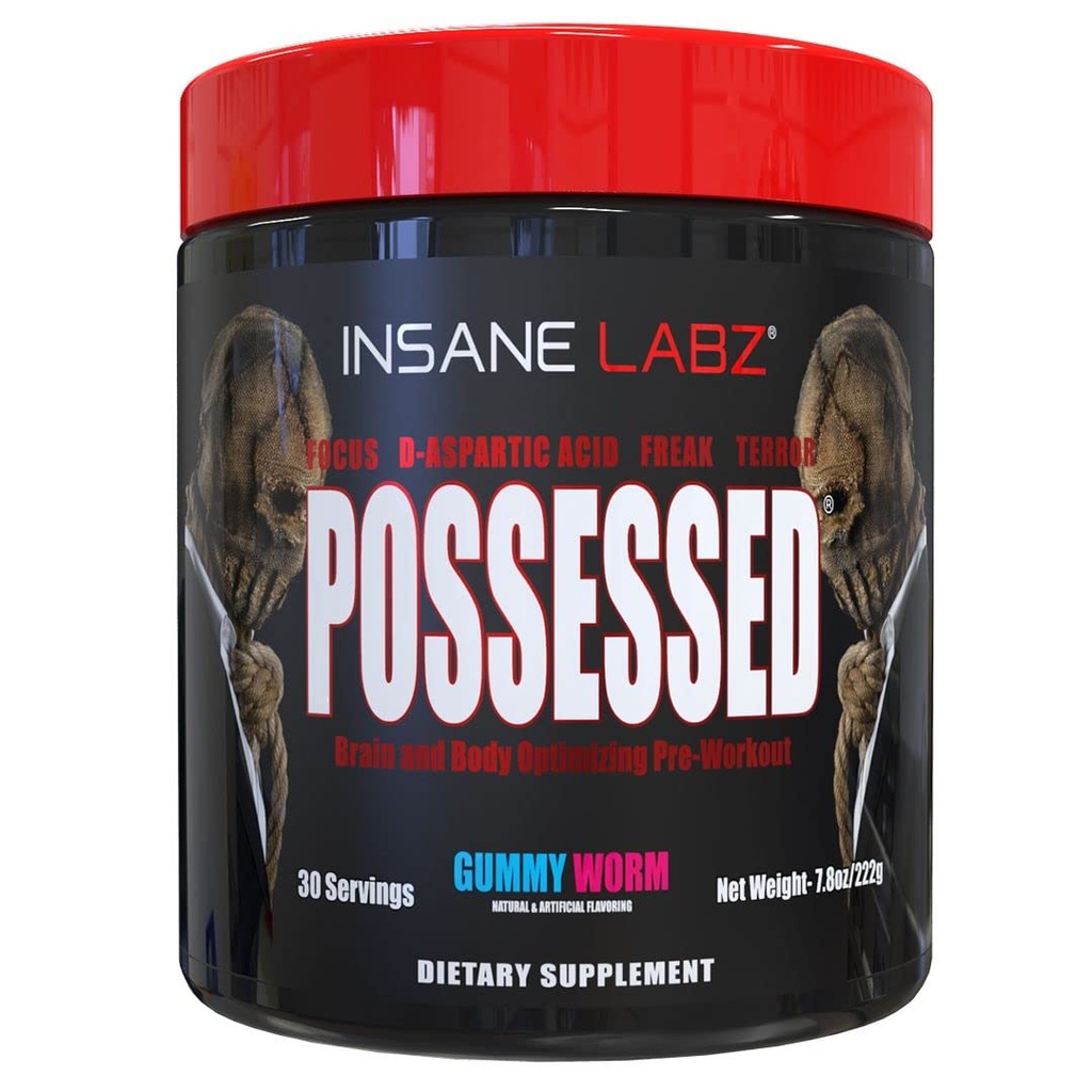 Insane Labz Possessed Low Stimulant Testosterone Boosting Pre Workout Powder, Caricato con acido aspartico D e Creatina Carburato da AMPiberry e OXYgold, 30 Srvgs, Gomma