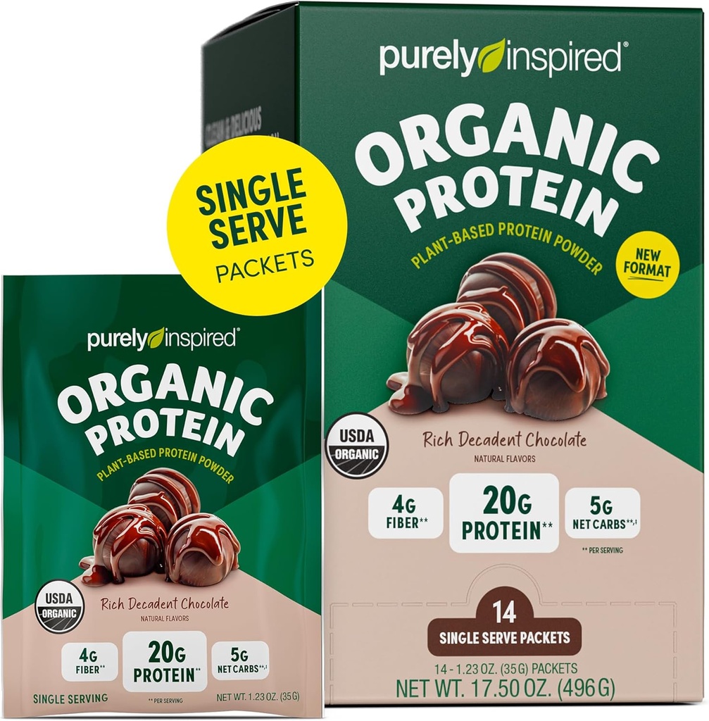 Polvere di proteina organica puramente ispirata, 14 pacchetti di Serve Singola, Cioccolato ricco Decadente - 20g di polvere vegetale di proteine per Smoothies & Shakes - Dairy-Free, Non-OGM - per gli uomini e le donne