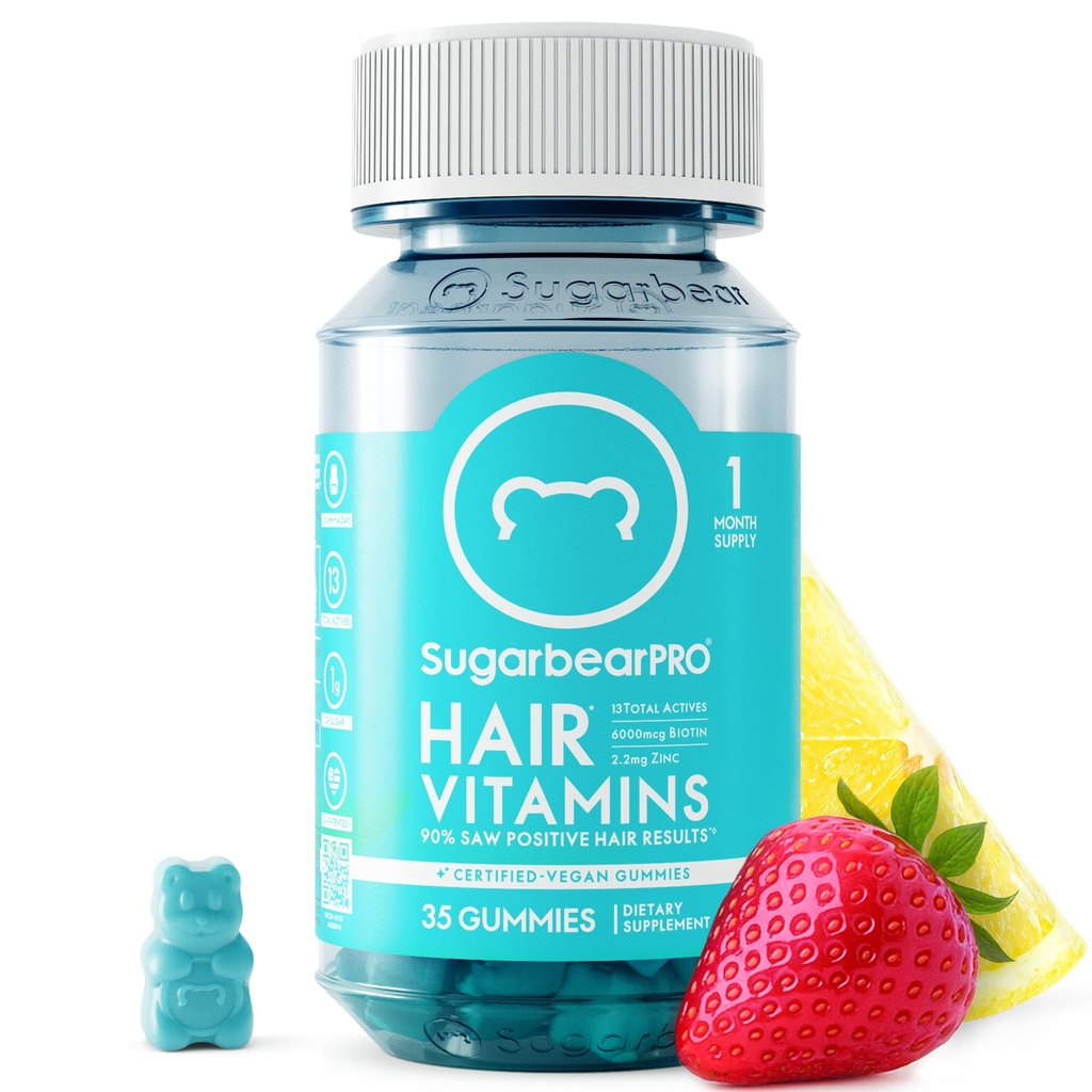 ZuccheroBearPro Capelli Vitamina Gummy 1 mese di fornitura, Biotina ad alta resistenza 6000mcg per la crescita dei capelli, Vegan Vitamin B12, MSM, Inositol, Omega 3, Elderberry, Kosher certificato, Halal, Cruelty-Free