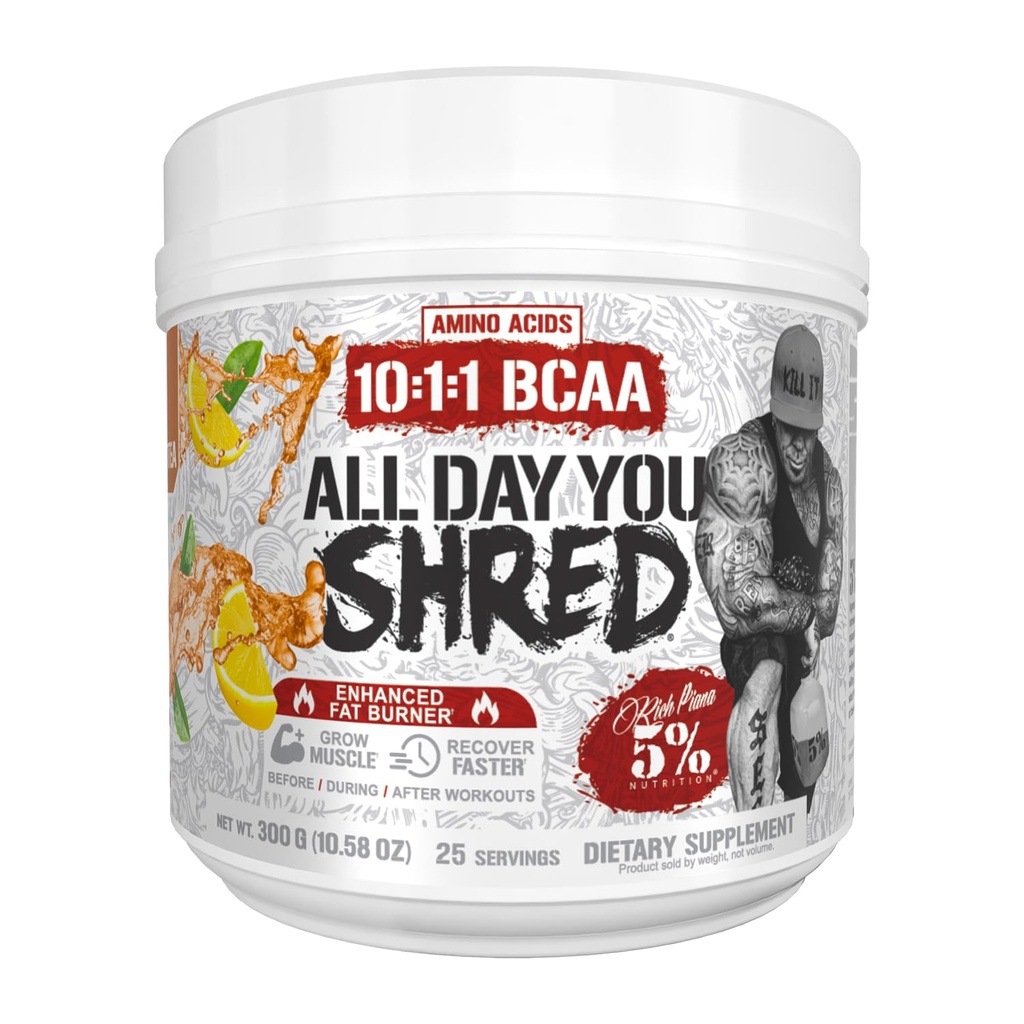 5% Nutrition AllDayYou Shred BCAA Powder | Supplemento di aminoacidi per la gestione del peso | Fat Burning & Energy Elite con idratazione, Endurance & Recovery (Sud Sweet Tea)