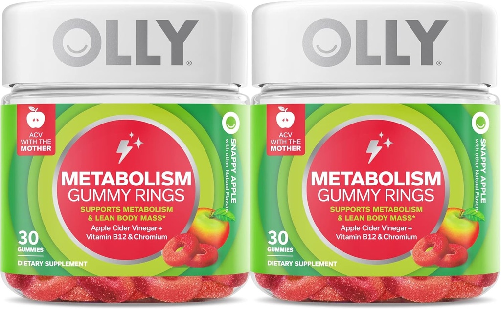 Anelli gommosi del metabolismo di OLLY, Aceto di sidro di mela, Vitamina B12, Cromo, Energia e Salute Digestiva, Supplemento masticabile, Aroma di mela, Twin Pack - 60 Conte