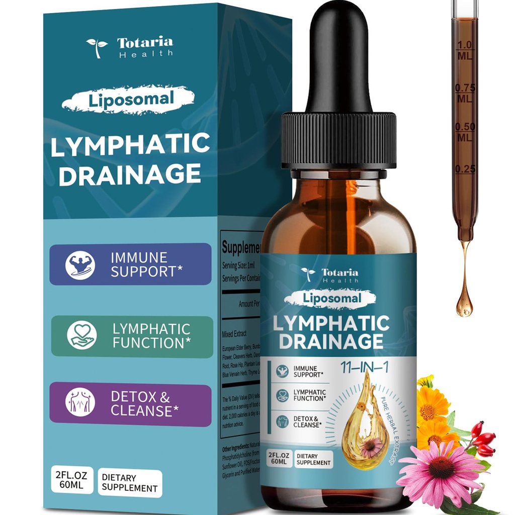 Gocce di drenaggio linfatico liposomiale - 11 in 1 Supplemento di drenaggio linfatico organico con radice di Burdock, Echinacea, Elderberry, Calendula, Cleavers Herb, Dandelion Supporta la salute linfatica 2 FL.OZ
