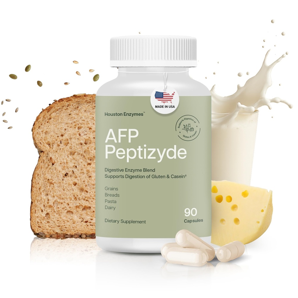 Houston Enzimi AFP Peptizyde - Combinazione di enzima digestivo per proteine, Casein & Gluten Protein - Enzimi digestivi per donne e uomini (90 capsule)