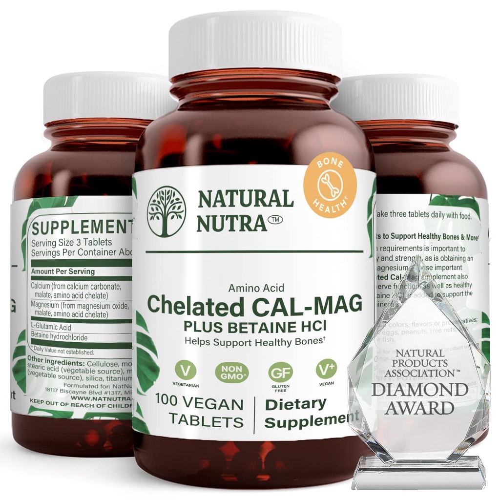 Nutra naturale Chelated Calcium Magnesium 1000/500 mg Integratori Plus Betaine HCL - Chelated Cal Mag Migliora la densità di ossa, Supporta il muscolo, denti, cardiovascolare & Nerve Salute, 100 compresse vegane