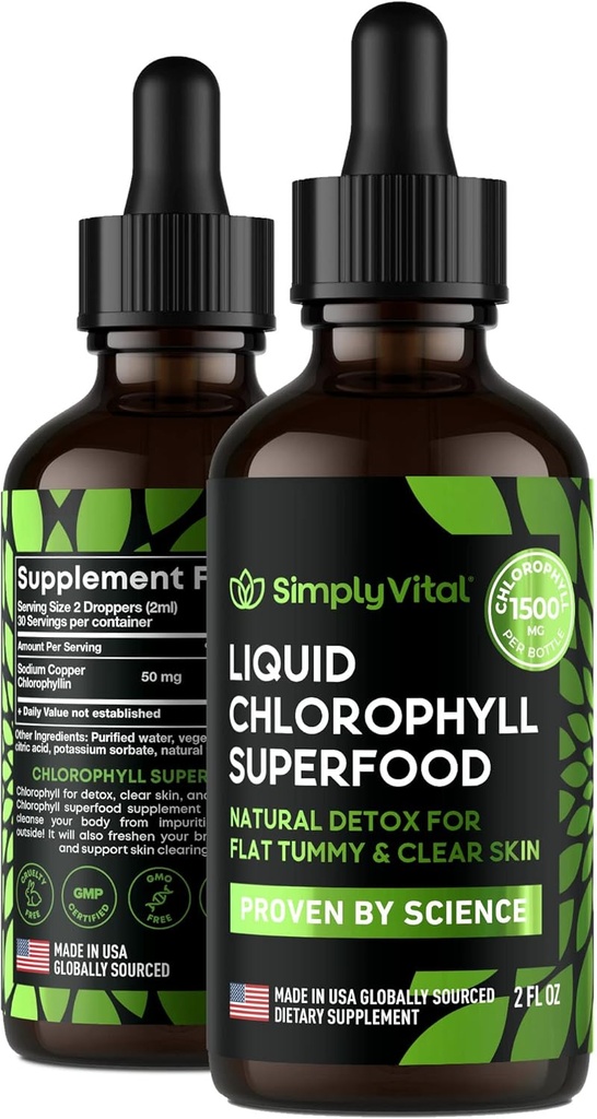 Gocce liquide della clorofilla semplicementeVital per la pelle chiara e l'energia Boost - Supplemento di supporto immunitario - Made in USA - Clorofilla liquida per la salute del fegato - Deodorante interno - Antiossidante- 2 FL OZ
