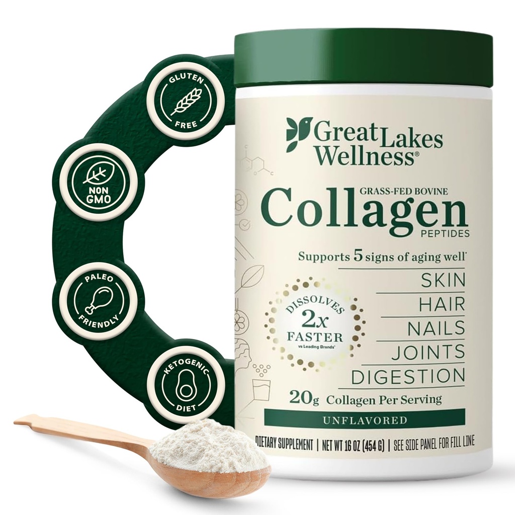 Polvere di peptidi di collagene di grandi laghi per pelle, capelli, unghie, giunti e digestione - non aromatizzato - rapido dissolve idrolizzato, non OGM, Keto, Kosher - 16oz