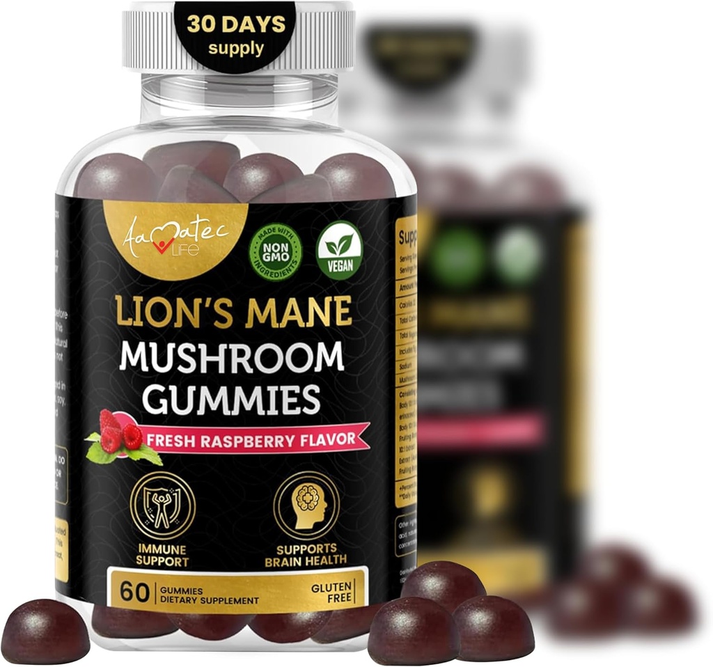 Aamatec Life Mushroom Gummies per adulti | 10 Mushroom Complex con Lions Mane Reishi Chaga & Cordyceps Mushroom | Cervello, Immune & Energy Support | Raspberry Flavor