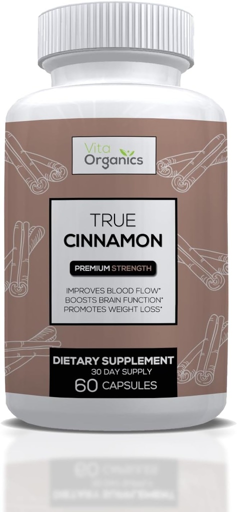 True Cinnamon Supplement, Sri Lanka Organic Ceylon Cinnamon Capsules, Vera Cinnamon Verum Bark, Sugar-Free - 60 Veggie Capsule
