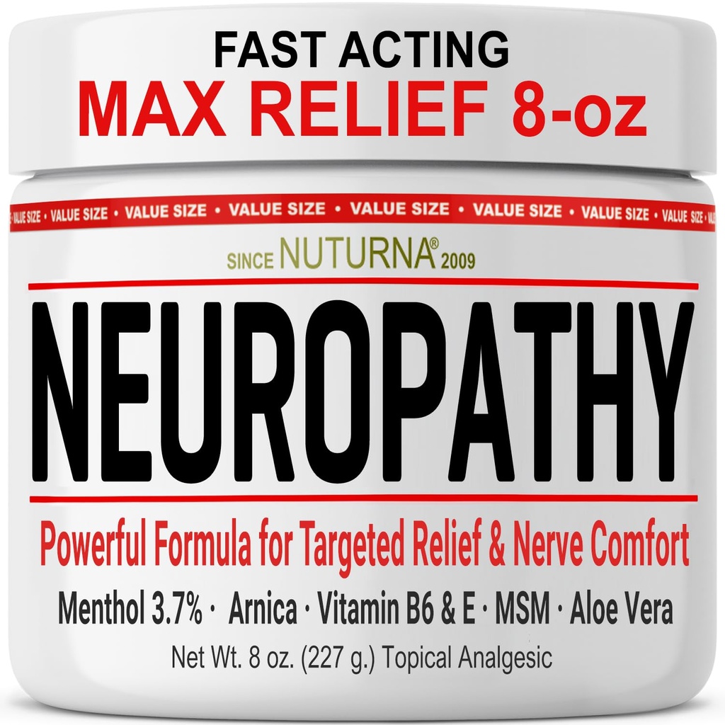 Neuropatia Relief Cream - Relief Max Attivo Veloce per Piedi Gambe Toes Gambe - Mentolo Ultra Forza, Arnica, Aloe Vera, MSM, Rilievo naturale di Nerve Soothing - Extra Large 8 oz