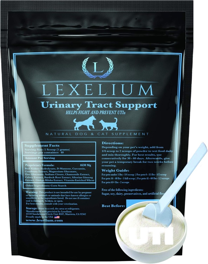 Supporto UTI per cani e gatti - Fortificato con mirtillo, D Mannosio e curcumina - Ottimizza la funzione rene e della vescica - Può prevenire le pietre renali / scale - 200 G