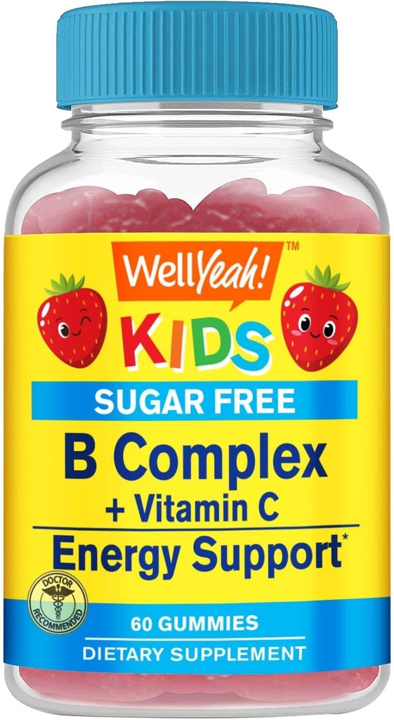 WellYes Kids Vitamina B Complex Zucchero Gratuito Gummies | con vitamina C, acido folico | Immune and Energy Support | Fragola Flavor | 60 Conte