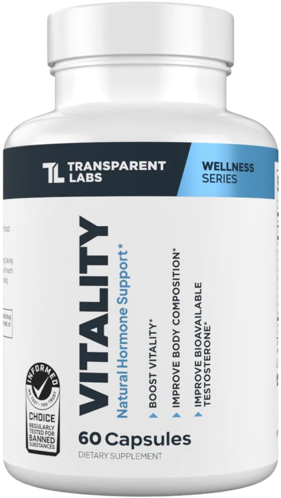 Trasparente Labs Vitality Testosterone Booster - Supplemento di testosterone per gli uomini con Ashwagandha KSM-66, PrimaVie Shilajit Extract, & DIM per sostenere la vitalità, & Biodisponibile testosterone - 60 conteggio