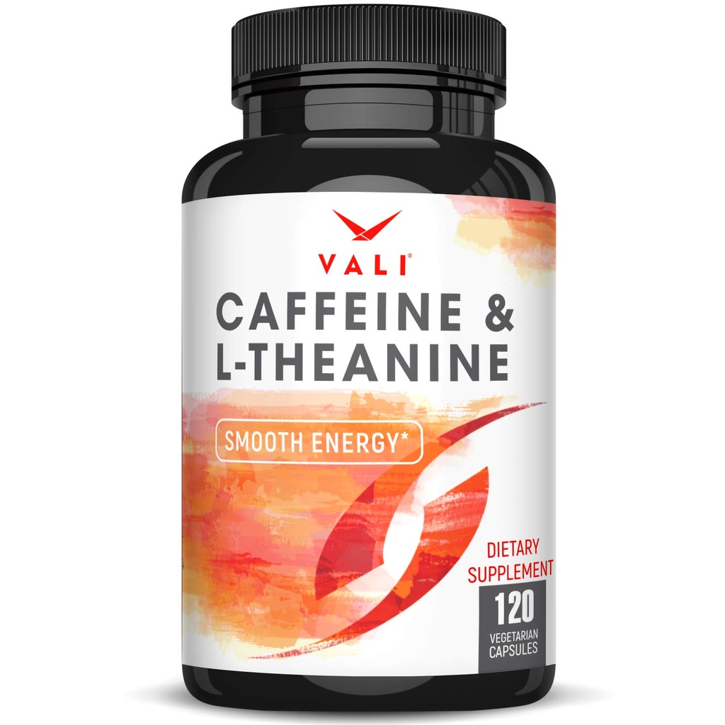 VALI Caffeina 50mg & L Theanine 100mg - Pillole di caffeina & L-teanina per Smart Smooth Energy & Focus Supplement. Nootropic Brain Booster Supporto cognitivo Stack & Focused Clarity. 120 capsule vegetali