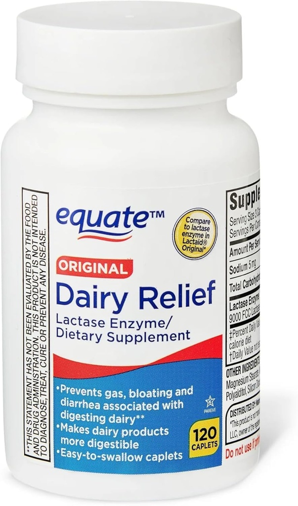 Dairy Relief Caplets, Original, Lactase Enzyme, 120 Pillole di Equate (Pacchetto di 1) + Adesivo