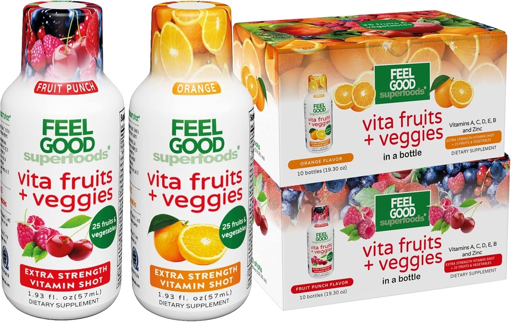 FeelGood Superfoods Vita Fruits and Veggies Immune Support Shot Supplements, 25 Organic Fruits and Veggies, Ready to Drink Immunity Booster, Orange and Fruit Punch Flavor, Combo Pack di 20