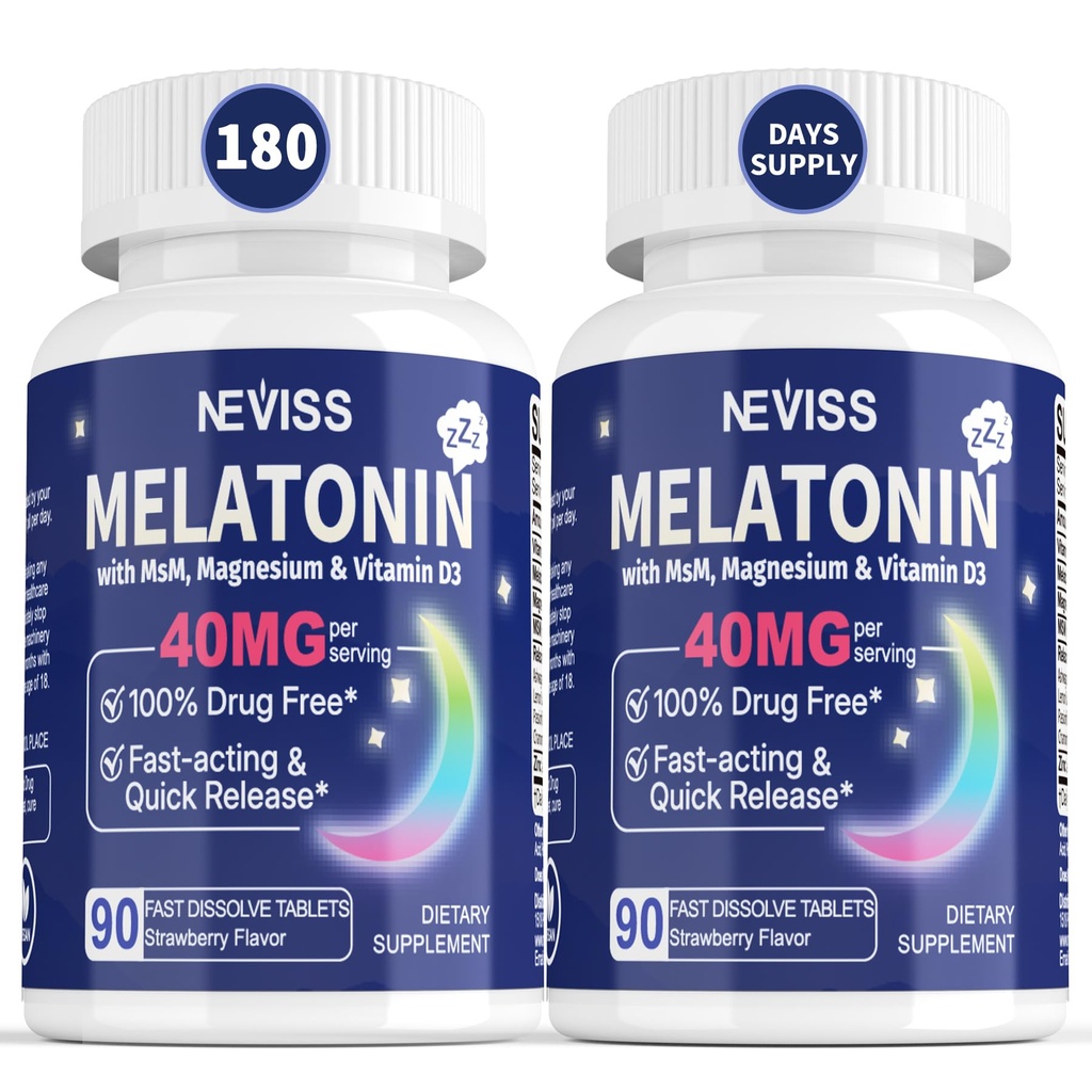 Melatonina 40 mg per gli adulti - Veloce Dissolve & Chewable Sublingual Sleep Supplement - Melatonina ad alta resistenza con vitamina D3 & MSM, Selenio per il ciclo di riposo della salute, Zzz profondi, senza zucchero, 180 Serve