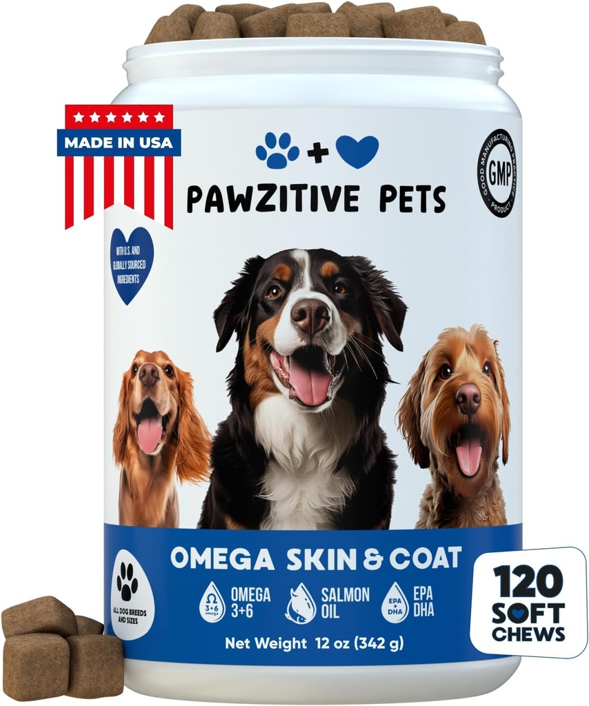 Skin & Coat Supplement per cani - Canina Omega 3, Fish Oil Chews - 120 Soft Treats - USA Prodotto - Salmon Oil